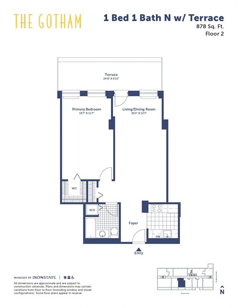 Floor plan for 1 bed, 1 bath, 878 sqft